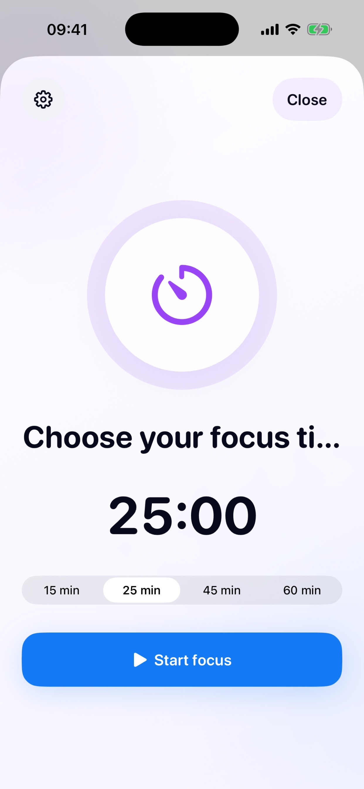 Noteo Focus Mode with a configurable 25 minute study timer