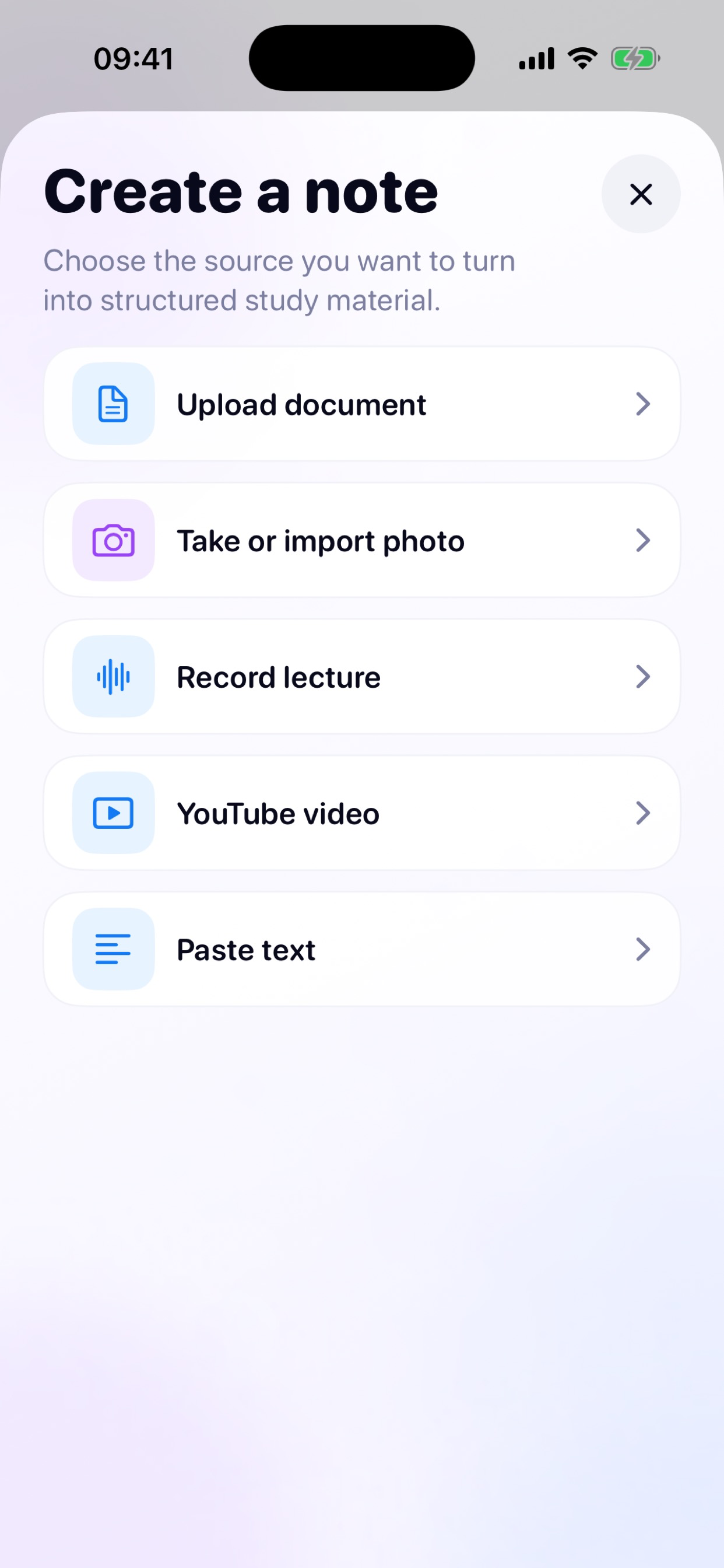 Noteo import options for documents, photos, recordings, YouTube videos, and pasted text