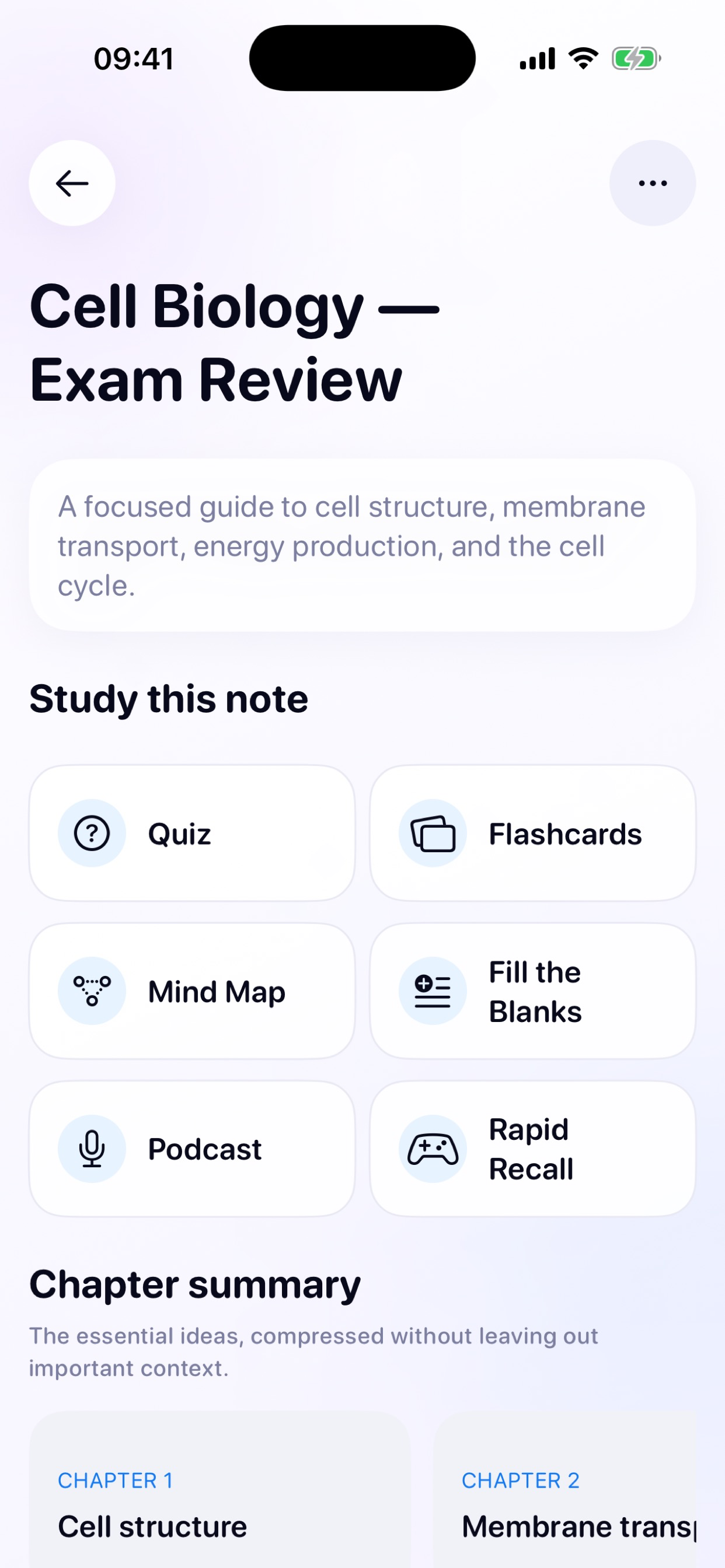 Noteo study note with quiz, flashcards, mind map, fill in the blanks, podcast, and rapid recall options